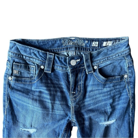 Miss Me Mid Rise Distressed Boot Cut Jeans Frayed Raw Hem, Size 26 - Picture 3 of 9